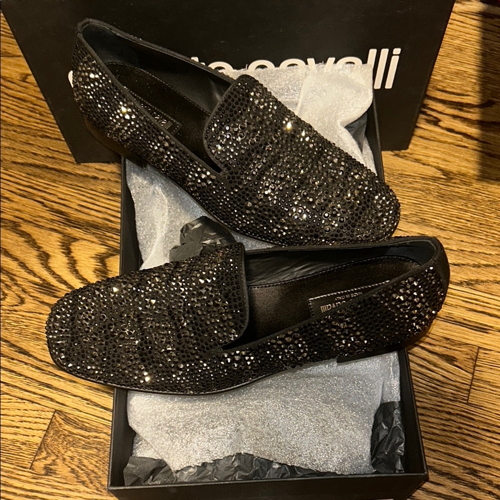 Roberto Cavalli black crystal slip ons brand new made in Italy eu40